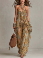 Vacation Style Printed V-Neck Watercolor Print Chiffon Halter Two-Piece Set