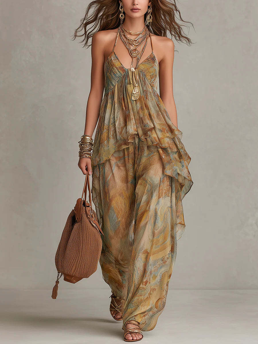 Vacation Style Printed V-Neck Watercolor Print Chiffon Halter Two-Piece Set