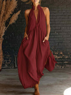 Sleeveless Stand Collar Solid Color Long Vacation Dress