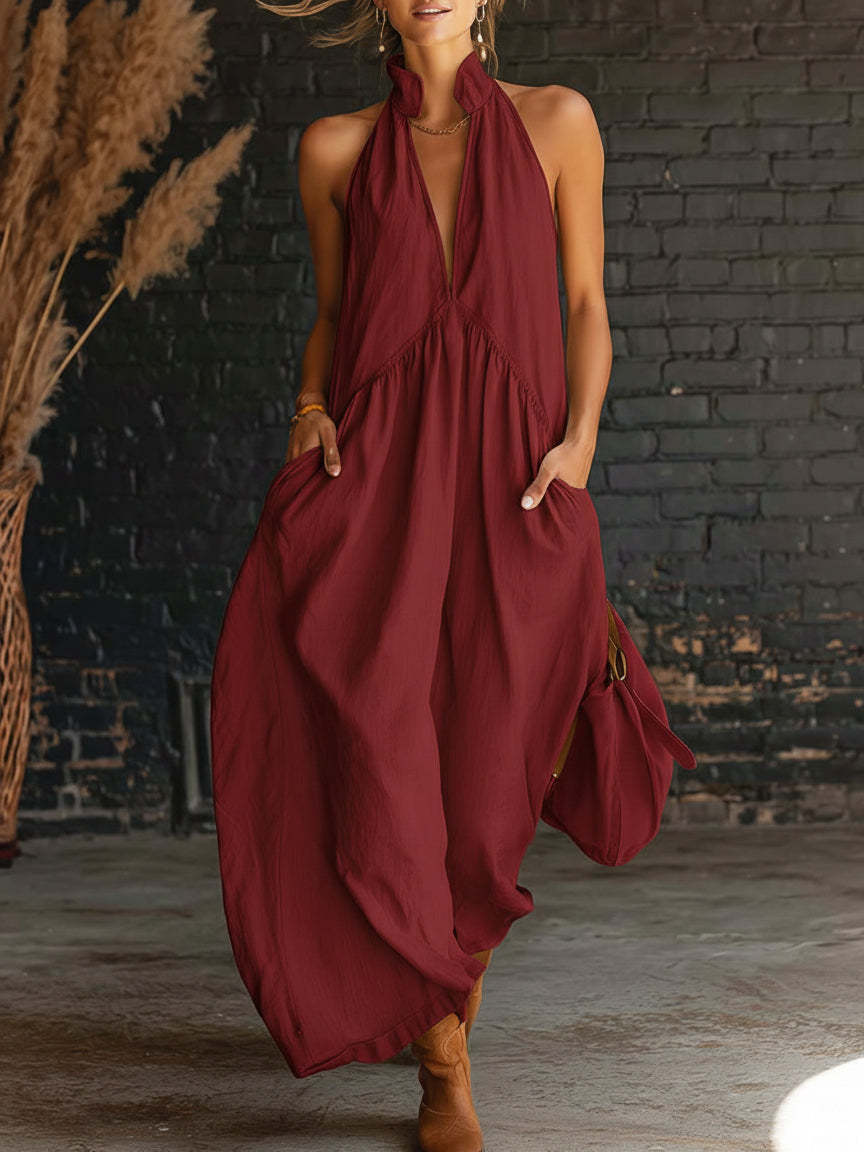 Sleeveless Stand Collar Solid Color Long Vacation Dress