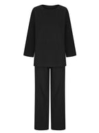 Solid Color Loose Long Sleeves Round-Neck Shirts Top + Drawstring Pants Bottom Two Pieces Set