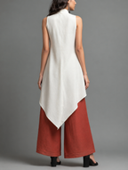 Color-block Stand-collar Lace-up Sleeveless Top + High-waisted Wide-leg Pants Cotton-linen Set