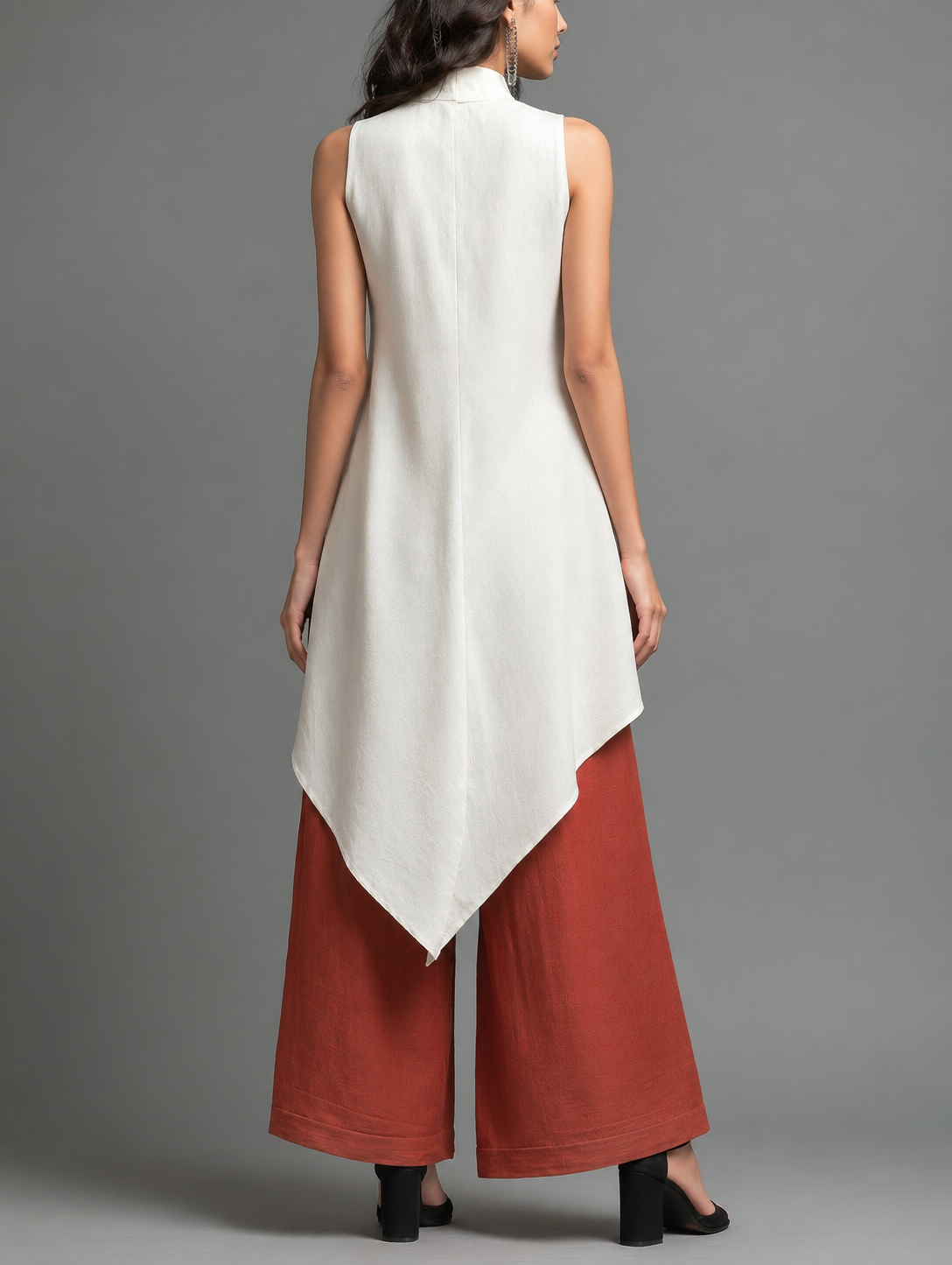 Color-block Stand-collar Lace-up Sleeveless Top + High-waisted Wide-leg Pants Cotton-linen Set