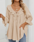 Women’s Scoop Neck 3/4 Length Sleeve Tie Front Ruffle Tiered Tunic Shirts