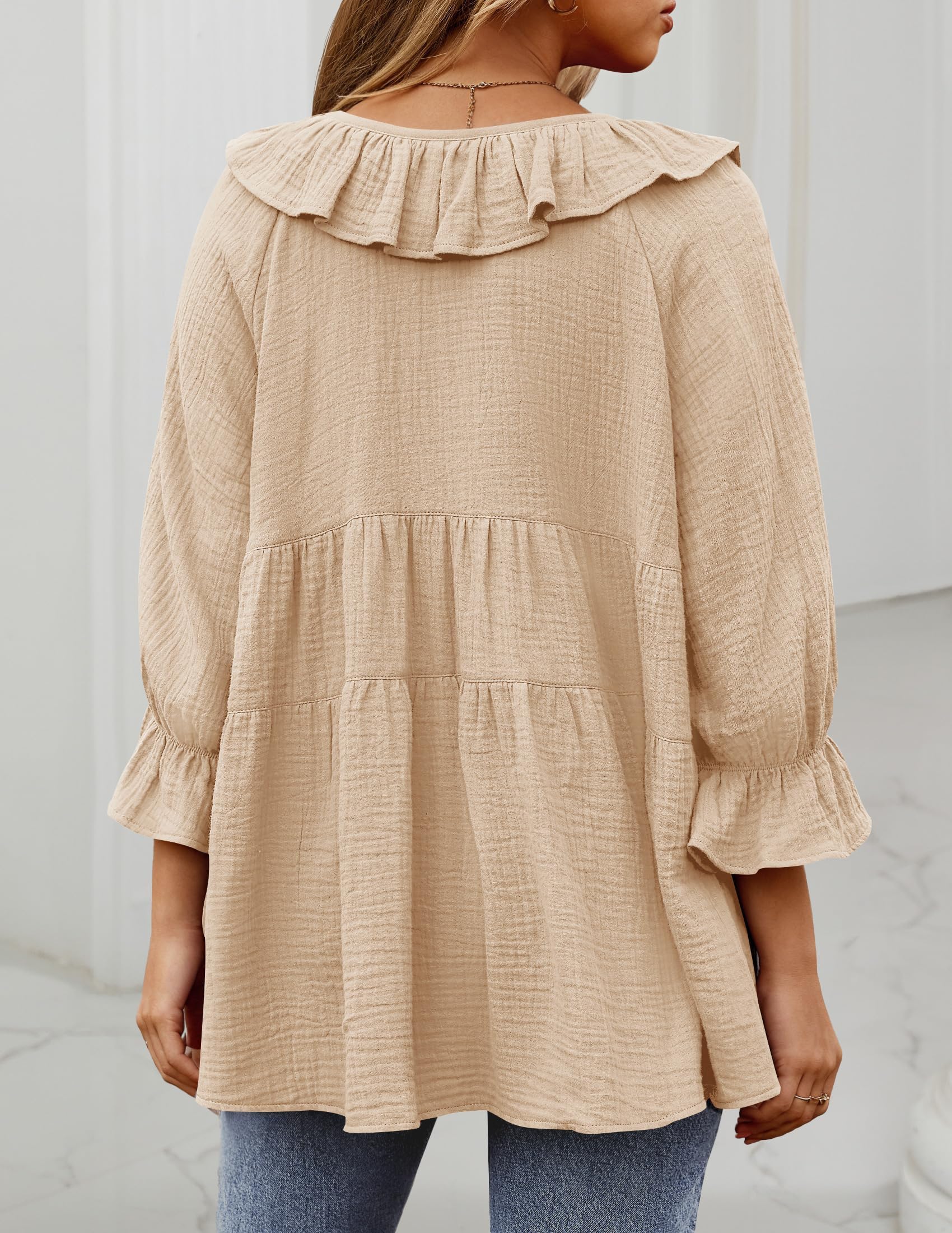 Women’s Scoop Neck 3/4 Length Sleeve Tie Front Ruffle Tiered Tunic Shirts