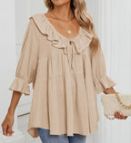 Women’s Scoop Neck 3/4 Length Sleeve Tie Front Ruffle Tiered Tunic Shirts