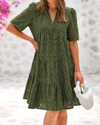 Women's V Neck Short Sleeve Hollow Out Lace Ruffle Summer Dresses