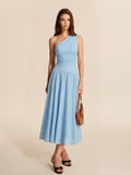 One-Shoulder Ruched Textured Midi Dress