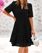 Women's V Neck Short Sleeve Hollow Out Lace Ruffle Summer Dresses