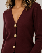 Women's V‑Neck Decorative Gold Button Long Sleeve Knit Cardigan