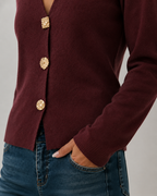 Women's V‑Neck Decorative Gold Button Long Sleeve Knit Cardigan