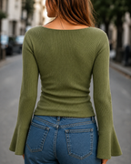Women's Boat Neck Bell Sleeve Ribbed Knit Sweater
