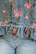 Floral Print Ruffled Denim Jacket