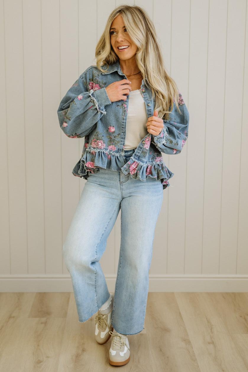 Floral Print Ruffled Denim Jacket
