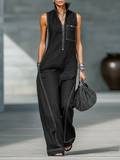 Women's Minimalist Loose-fitting White Trim Sleeveless Jumpsuit