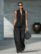 Women's Minimalist Loose-fitting White Trim Sleeveless Jumpsuit