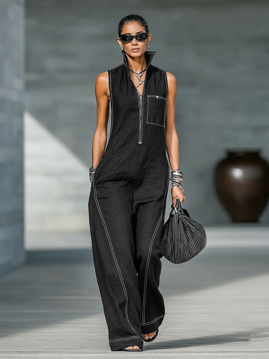 Women's Minimalist Loose-fitting White Trim Sleeveless Jumpsuit