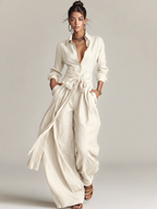 Women's Elegant Brown Woven Cotton-linen Long-sleeved Shirt Collar Jumpsuit With Belt