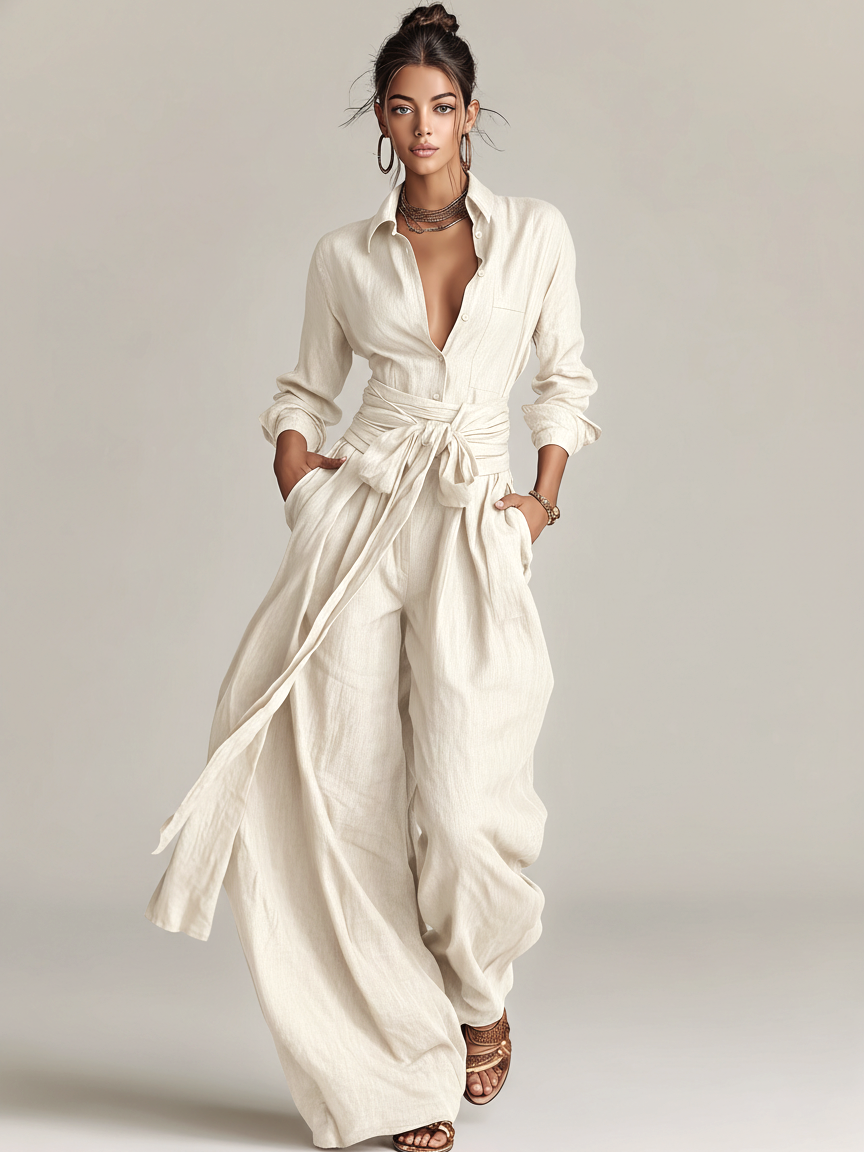Women's Elegant Brown Woven Cotton-linen Long-sleeved Shirt Collar Jumpsuit With Belt