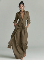 Women's Elegant Brown Woven Cotton-linen Long-sleeved Shirt Collar Jumpsuit With Belt