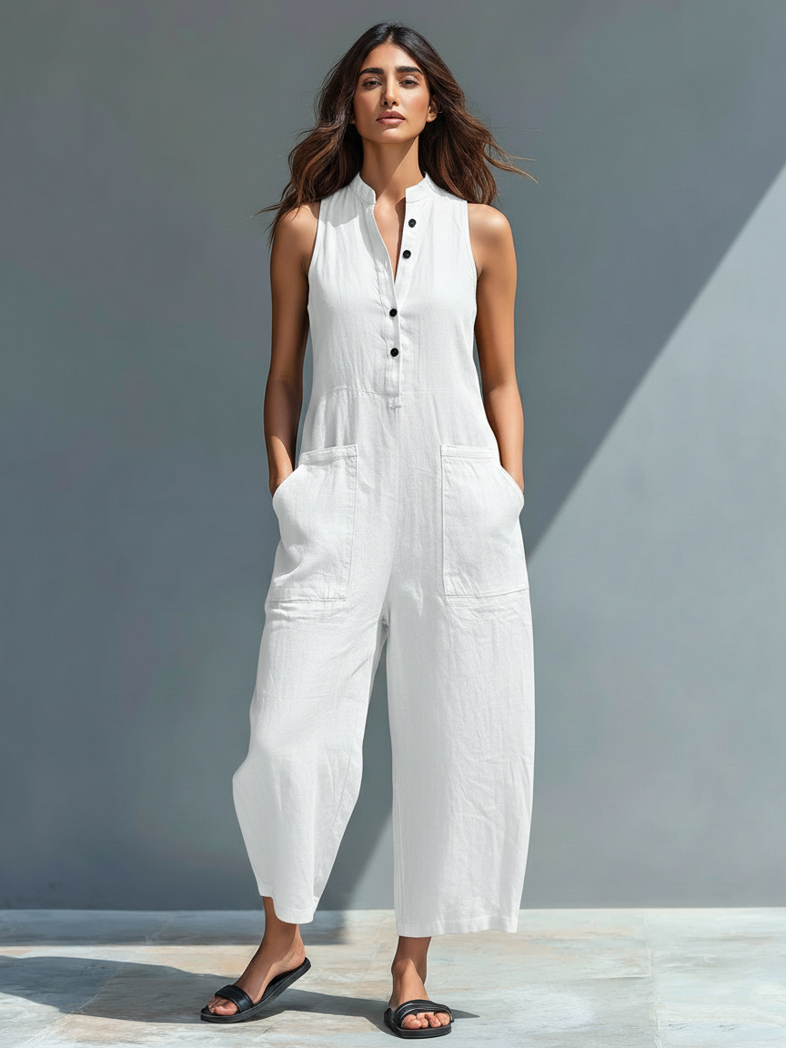 Women's Minimalist Linen Blend Button-up Stand-collar Sleeveless Loose Jumpsuit