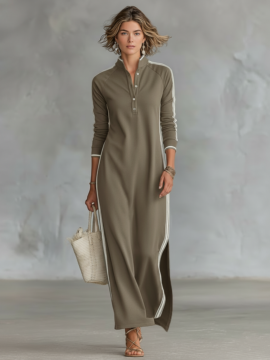Minimalist White-trimmed Button-down Collar Sweatshirt Dress Maxi Dress