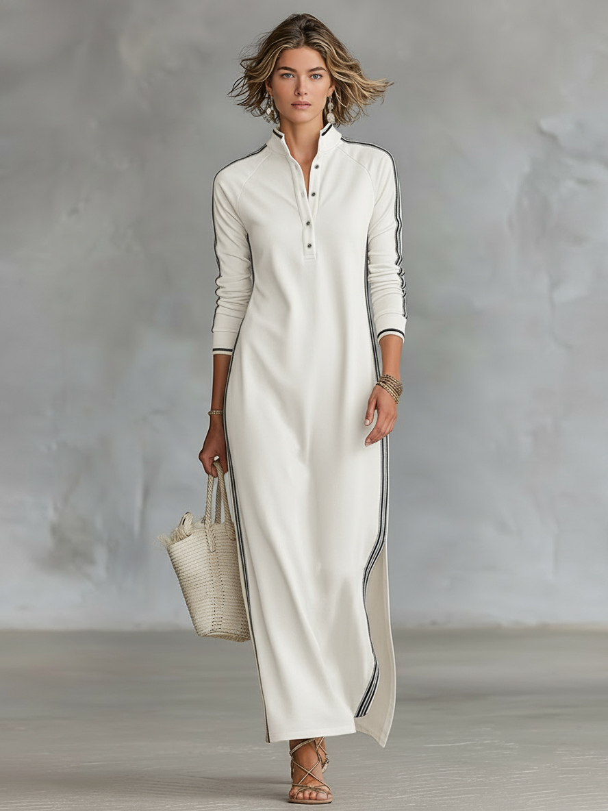 Minimalist White-trimmed Button-down Collar Sweatshirt Dress Maxi Dress