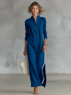 Minimalist White-trimmed Button-down Collar Sweatshirt Dress Maxi Dress