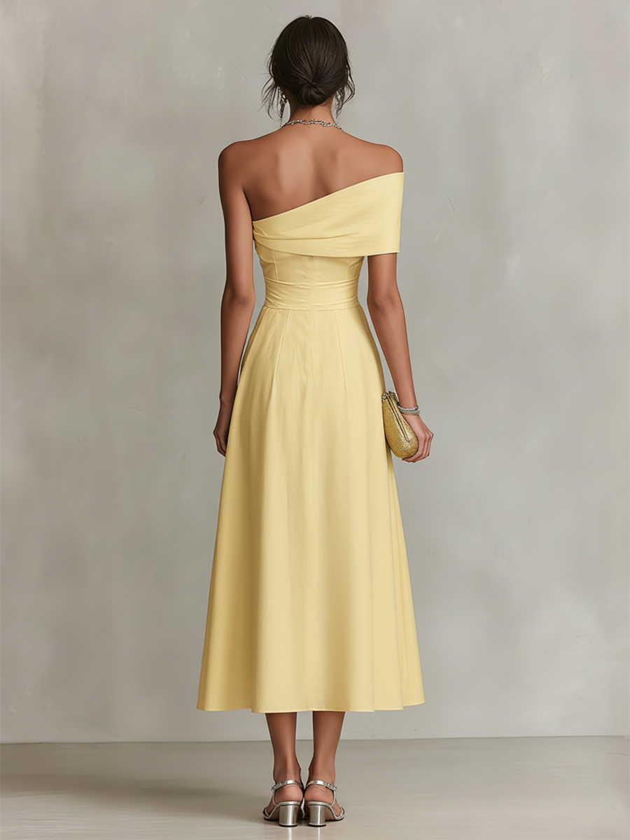 Yellow Linen Dress With One-Shoulder Neckline & Fitted Waist