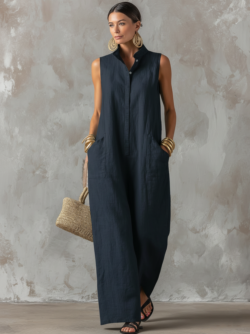 Women's Minimalist Loose-Fit Linen-Blend Jumpsuit — Stand Collar, Sleeveless, Single-Breasted