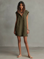 Women's Minimalist Linen-Blend Mini Dress — Hooded, Sleeveless, Raw Hem