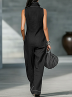 Women's Minimalist Loose-fitting White Trim Sleeveless Jumpsuit