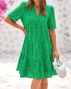 Women's V Neck Short Sleeve Hollow Out Lace Ruffle Summer Dresses