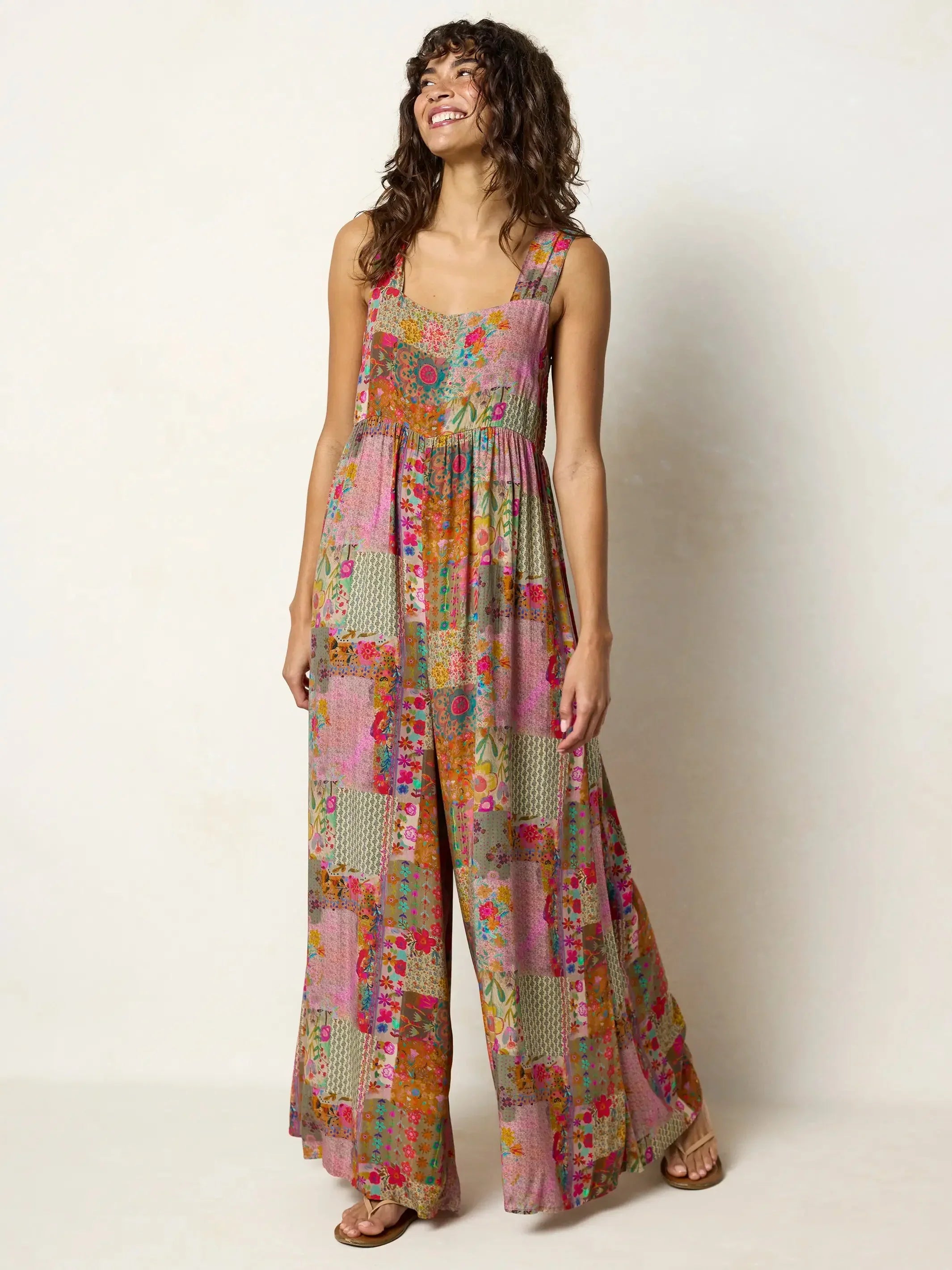 🌼 Boho Patchwork Floral Wide-Leg Jumpsuit (XL-5XL)