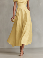 Yellow Linen Dress With One-Shoulder Neckline & Fitted Waist