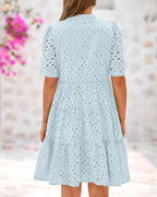 Women's V Neck Short Sleeve Hollow Out Lace Ruffle Summer Dresses