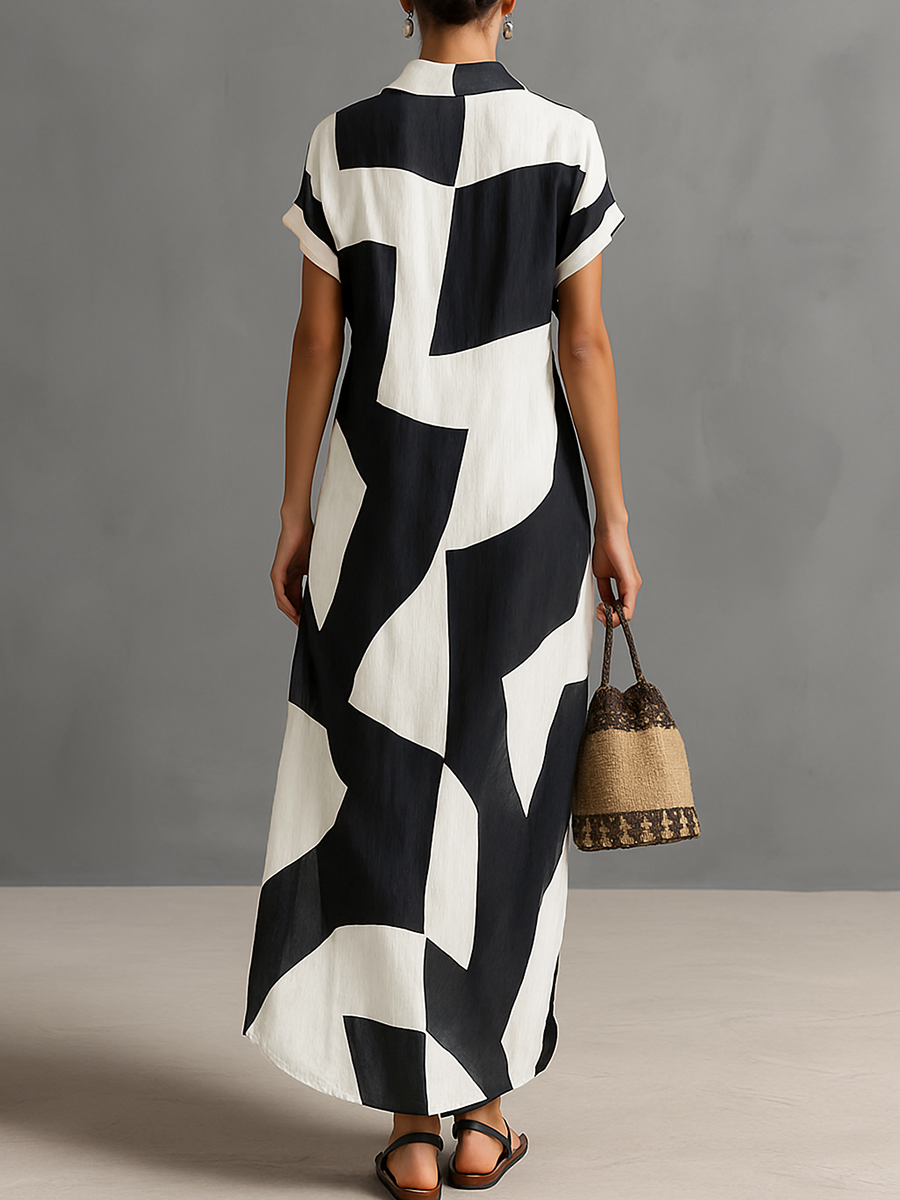 Women's Cotton And Linen Blend Irregular Geometric Print Lapel Single-Breasted Short-Sleeved Maxi Shirt Dress