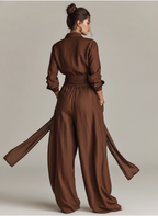 Women's Elegant Brown Woven Cotton-linen Long-sleeved Shirt Collar Jumpsuit With Belt