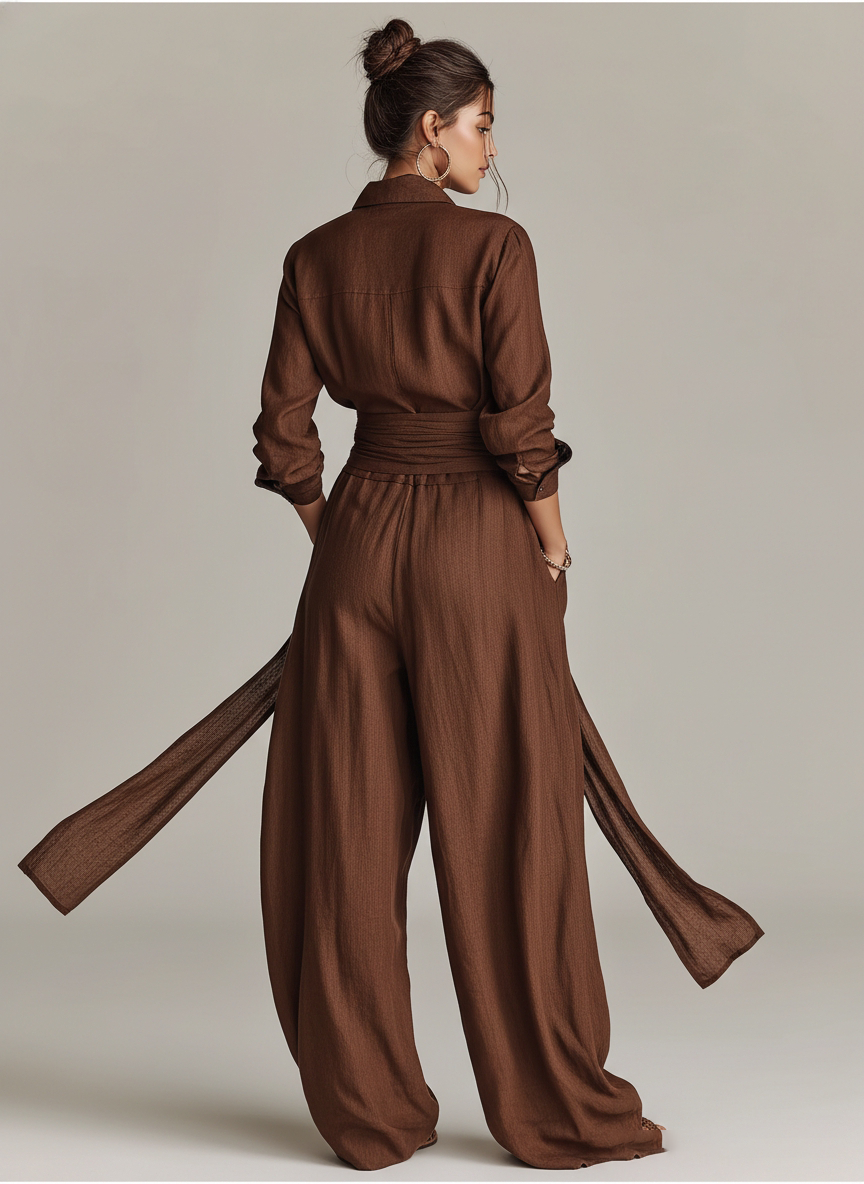 Women's Elegant Brown Woven Cotton-linen Long-sleeved Shirt Collar Jumpsuit With Belt