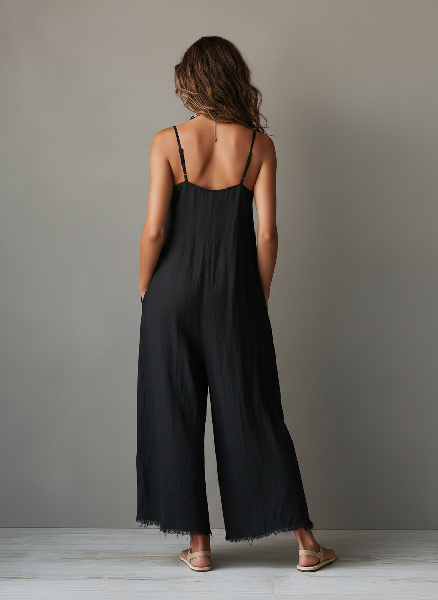 Women's Minimalist Loose-Fit Linen-Blend Jumpsuit With Lace Neckline, Spaghetti Straps, And Frayed Hems