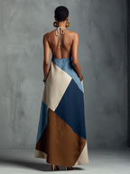 Women's Bohemian Multi-color Cotton Linen Blend Patchwork Halter Maxi Dress