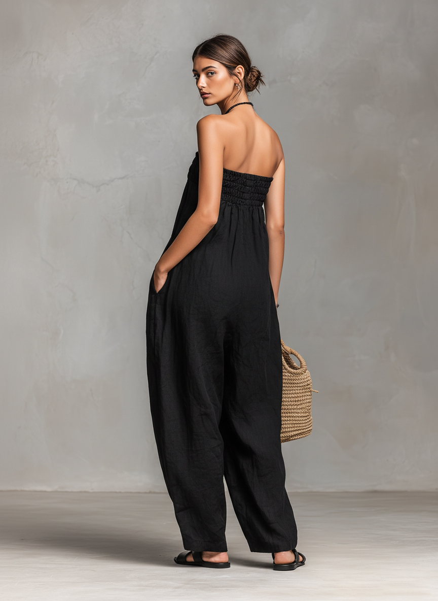 Women's Minimalist Loose-fitting Linen Blend Strapless Jumpsuit With Tie Closure