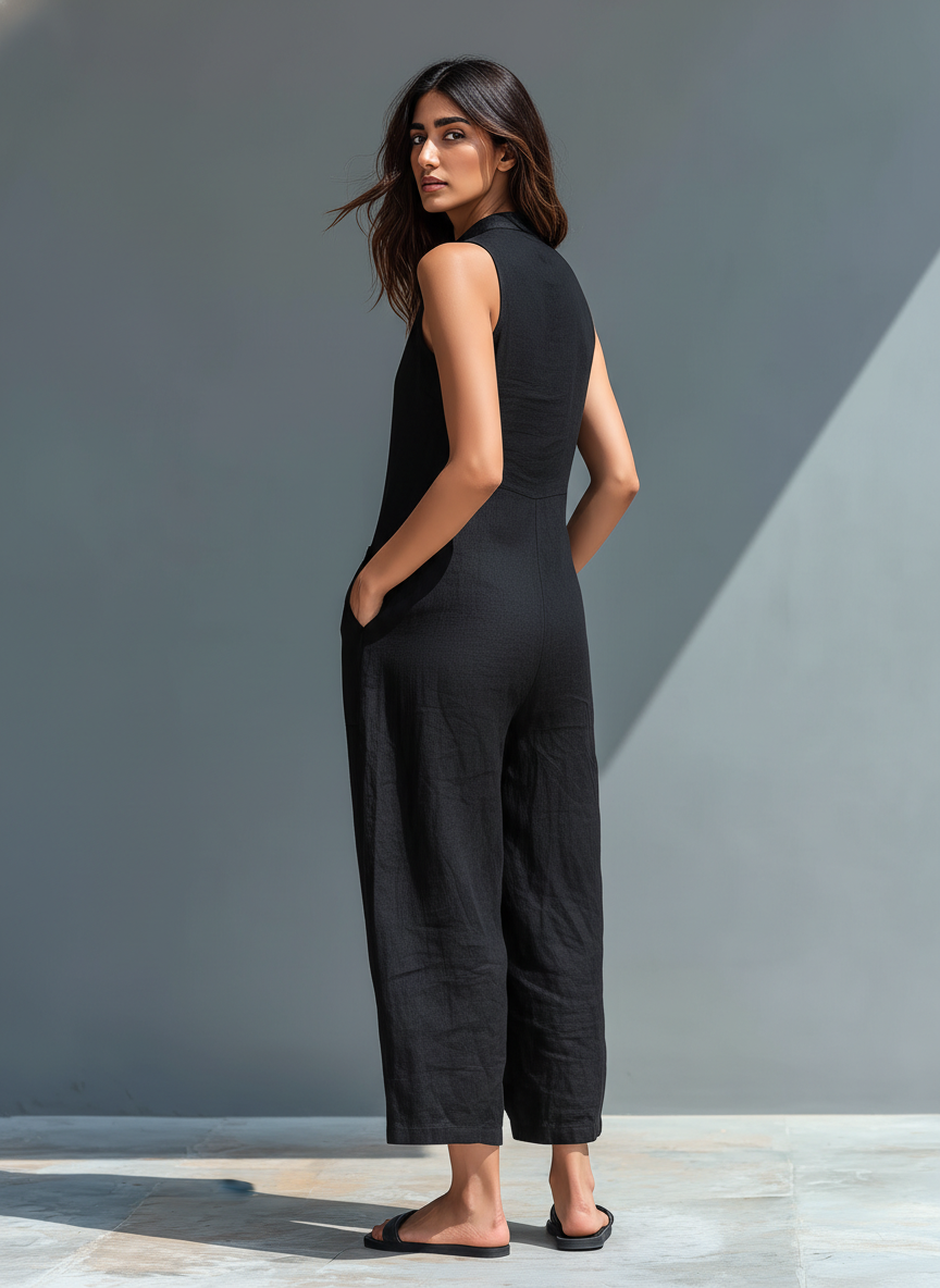 Women's Minimalist Linen Blend Button-up Stand-collar Sleeveless Loose Jumpsuit