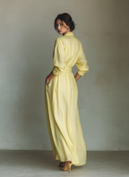 Women's Lemon Yellow Cotton And Linen Blend Maxi Shirt Dress With Tie Waist & Half Sleeves
