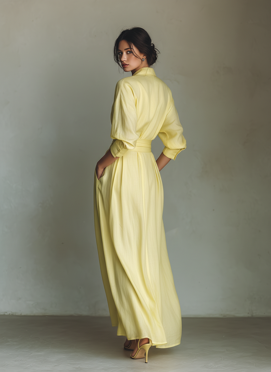 Women's Lemon Yellow Cotton And Linen Blend Maxi Shirt Dress With Tie Waist & Half Sleeves