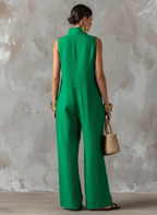 Women's Minimalist Loose-Fit Linen-Blend Jumpsuit — Stand Collar, Sleeveless, Single-Breasted