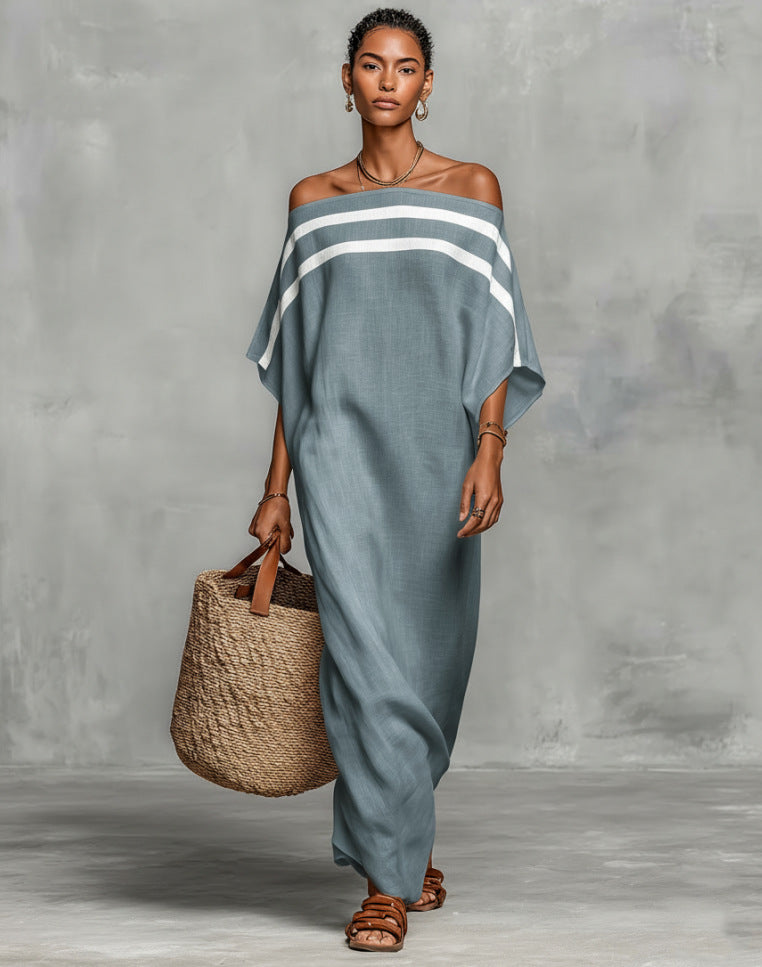 Stripe Off Shoulder Batwing Linen Maxi Kaftan Dress
