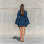 Ruffled High‑Neck Bell‑Sleeve Elastic Waist Mini Dress