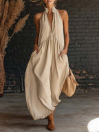 Sleeveless Stand Collar Solid Color Long Vacation Dress
