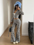 Leopard Print Zip Up Long Sleeve Crop Top & Flared Pants Two Piece Set